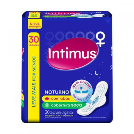Absorvente Intimus Gel Noturno seca, com abas, 30 unidades - Imagem 1