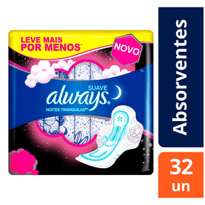 Absorvente Always Noites Tranquilas Suave, Com Abas Com abas, 28cm, 32 unidades