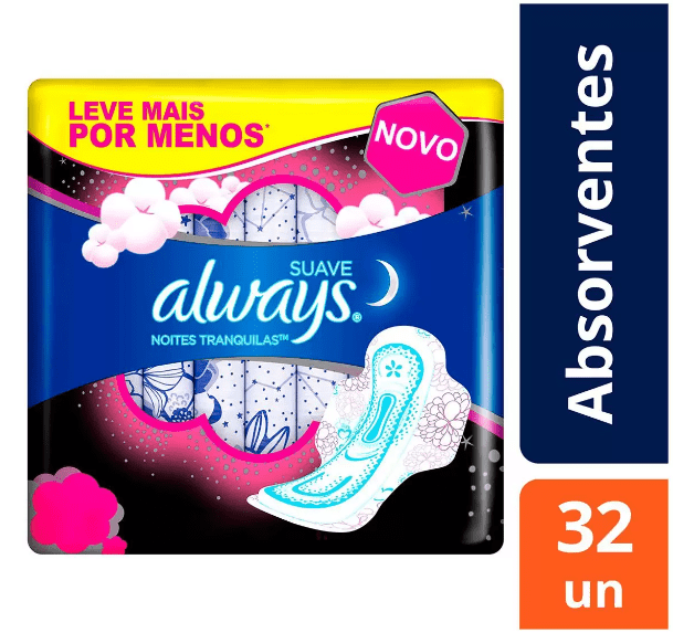 Absorvente Always Noites Tranquilas Suave, Com Abas Com abas, 28cm, 32 unidades - Imagem 1