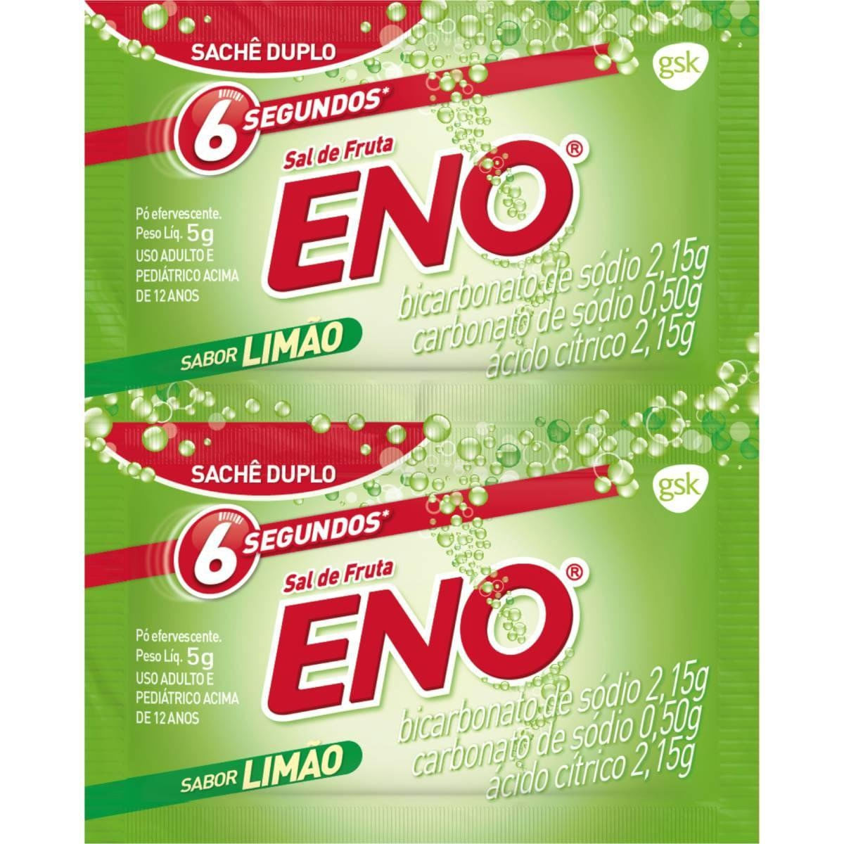 Sal de Fruta Eno 2.13g + 2.31g + 0.5g Pó Efervescente Sabor Limão - 2 Sachês com 5 g - Imagem 1