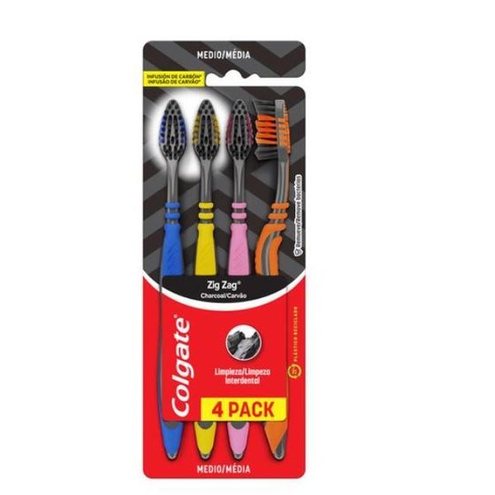 Escova Dental Média Infusão de Carvão Colgate Zig Zag 4 Unidades - Imagem 1
