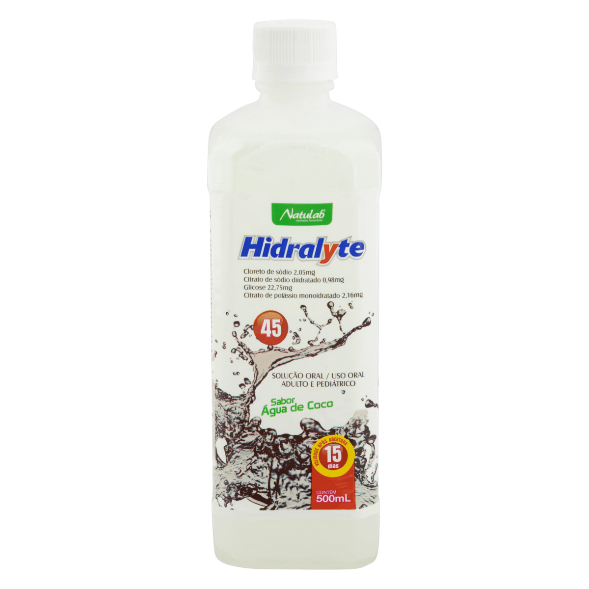 Hidralyte 22.75mg/mL + 0.98mg/mL + 2.05mg/mL + 2.16mg/mL Solução Oral Sabor Água de Coco - Frasco com 500 mL - Imagem 1
