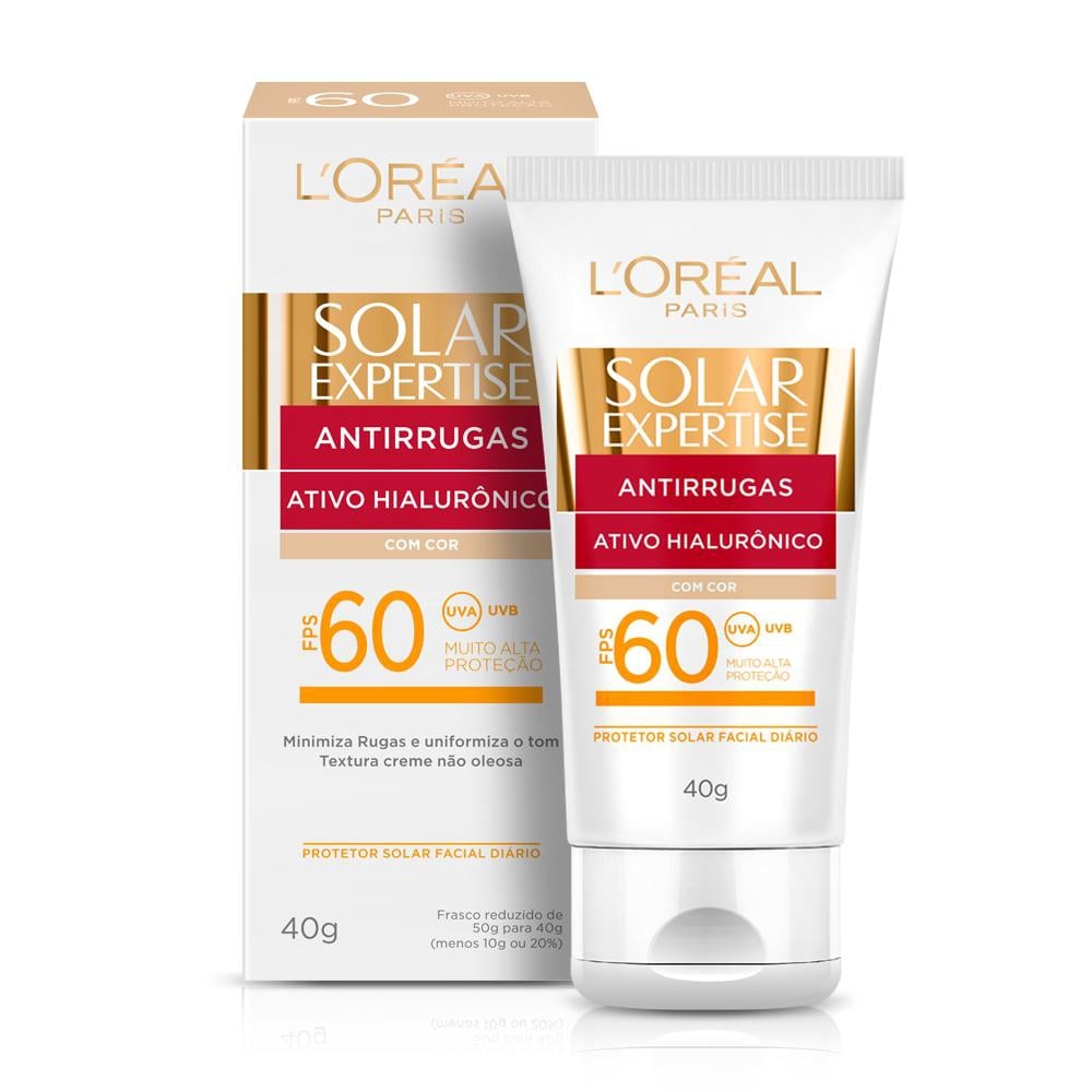 Protetor Solar Facial FPS60 Loréal Solar Expertise Antirrugas Ativo Hialurônico com Cor 40G - Imagem 1