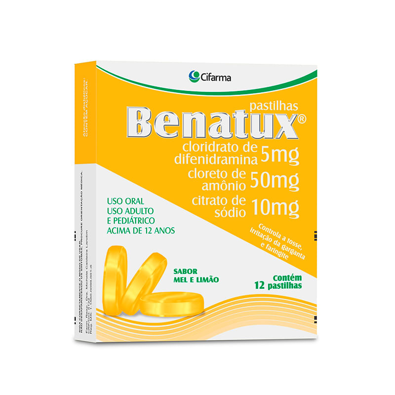 Benatux 50mg + 10mg + 5mg Sabor Mel e Limão - Caixa com 12 Pastilhas - Imagem 1