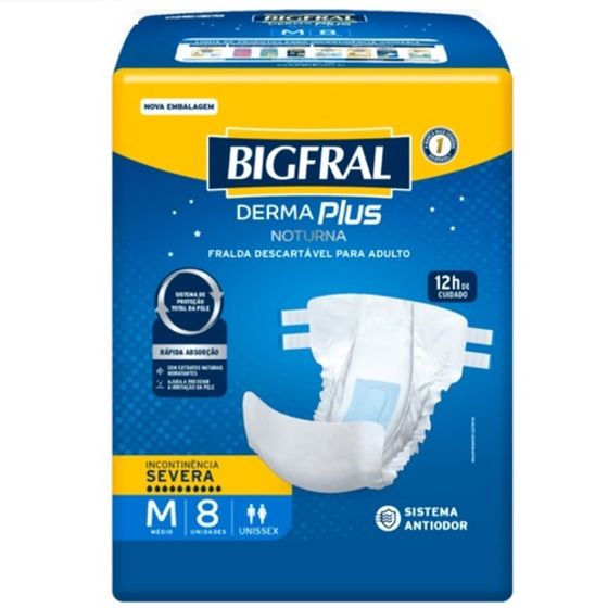 Fralda Geriátrica Bigfral Derma Plus Noturna M, pacote com 8 unidades - Imagem 1